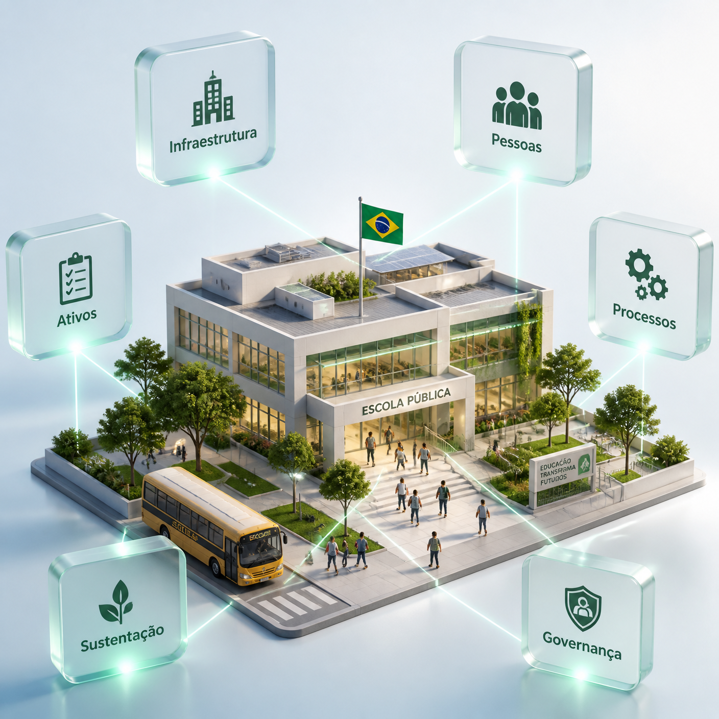 Escola pública moderna em pleno funcionamento cercada por seis blocos conectados: Infraestrutura, Ativos, Pessoas, Processos, Sustentação e Governança, convergindo para o equipamento público.