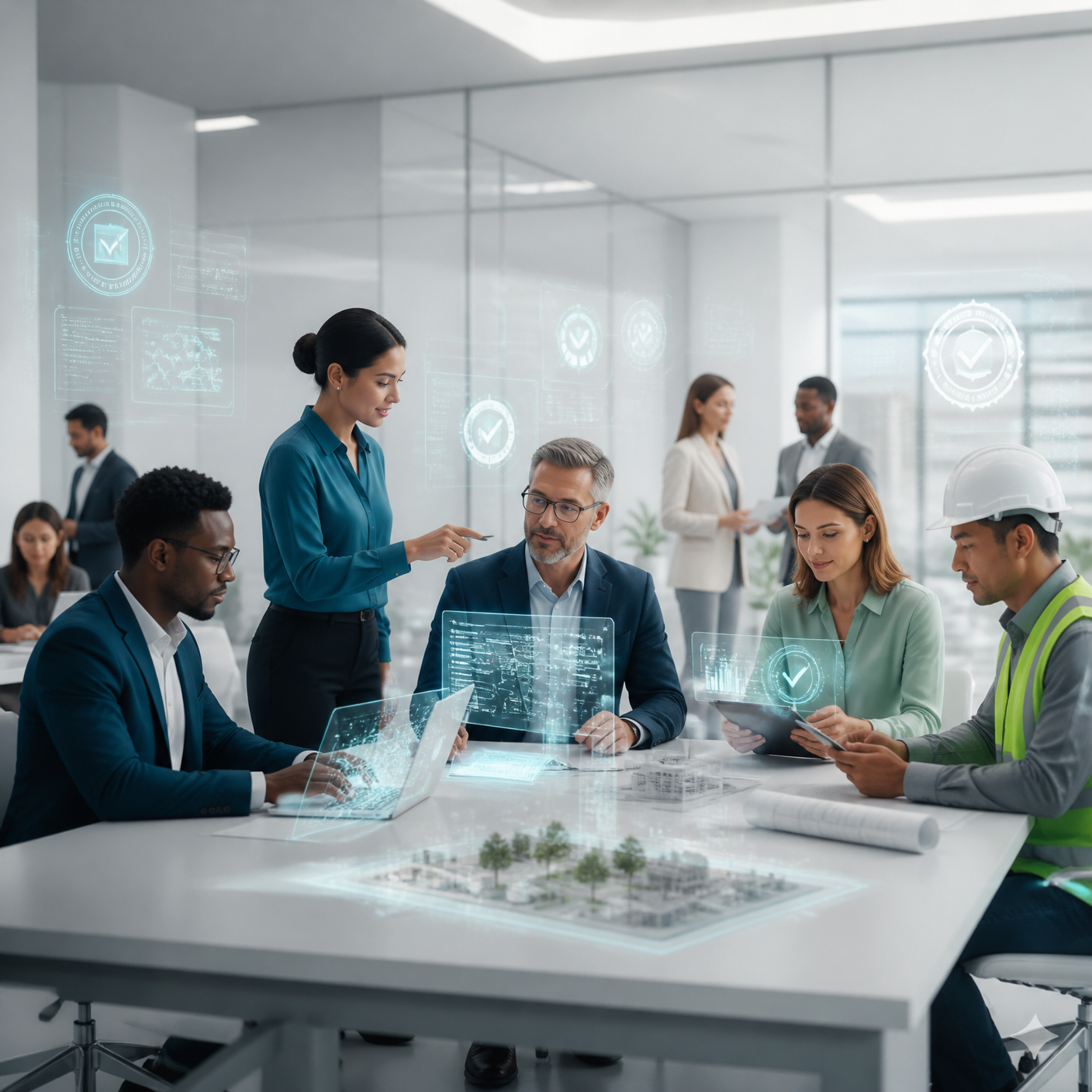 Equipes técnicas multidisciplinares da gestão pública, engenheiros, analistas, fiscais, arquitetos e servidores, colaborando em ambiente moderno com apoio discreto de tecnologia, painéis de competências e selos de certificação institucional.
